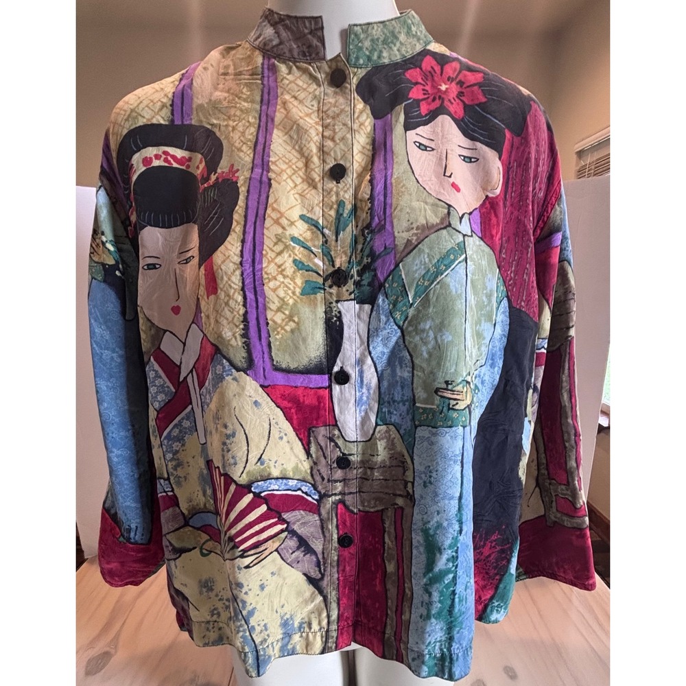 Chicos Design 100% Silk Geisha Art To Wear Button Down Shirt Mandarin‎ Collar 2